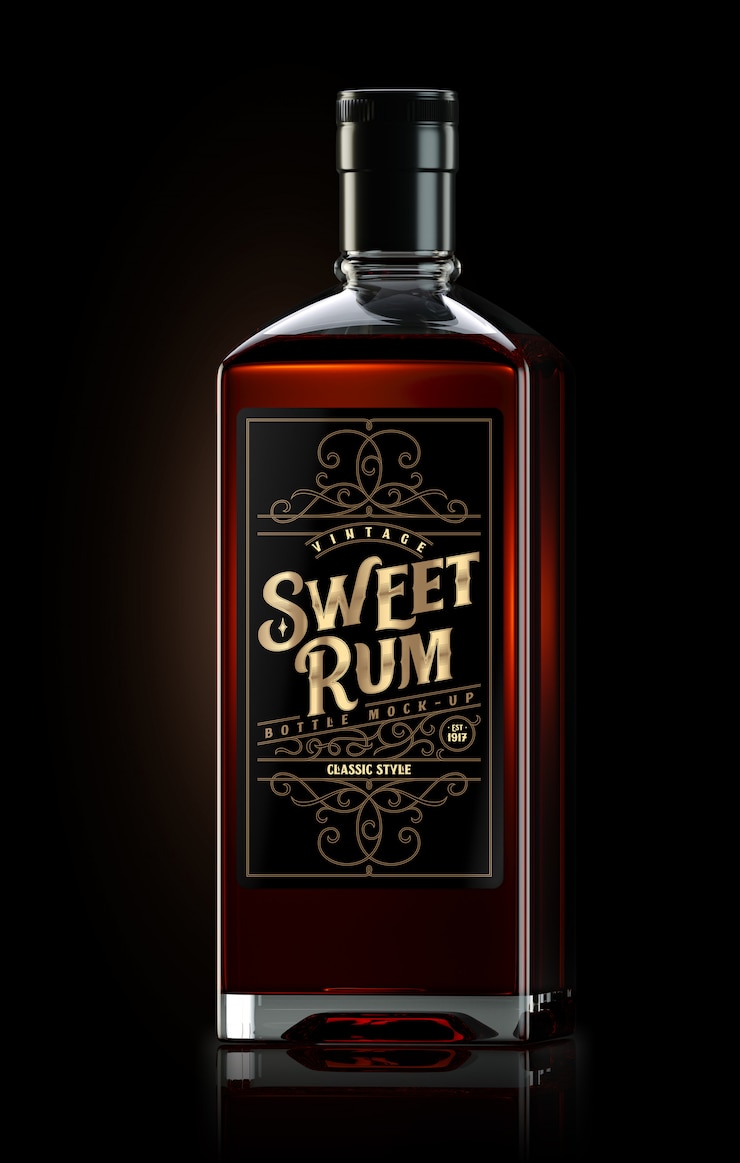 PSD square dark rum bottle mockup with label