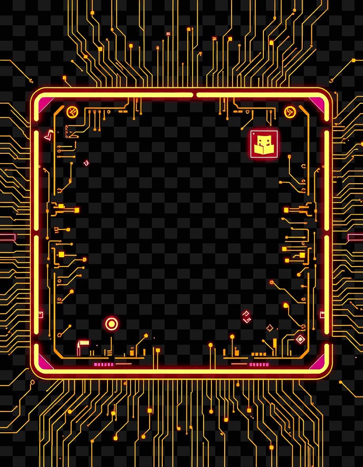 PSD a square of electronic circuit board with a gold frame and a black background with a gold frame