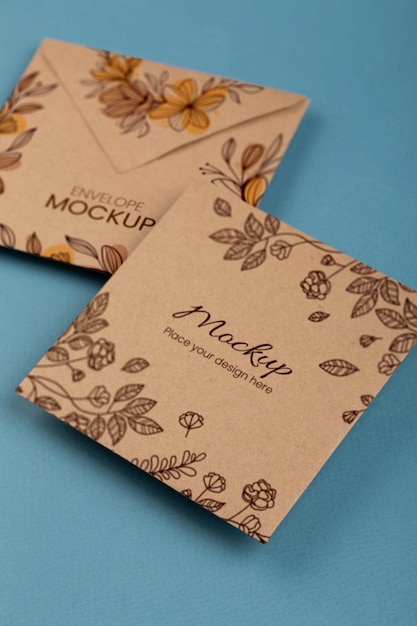 PSD Макет квадратного конверта с цветочным дизайном и листьями