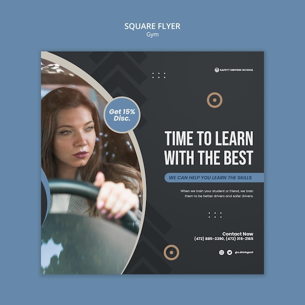 PSD square flyer template for driving school with female driver in car