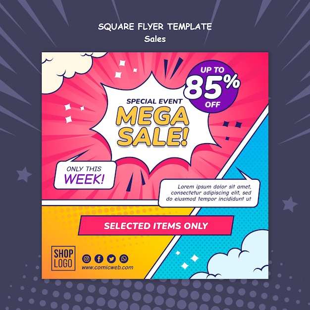 PSD square flyer template for sales in comic style