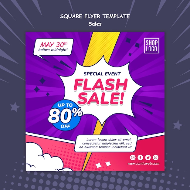 PSD square flyer template for sales in comic style