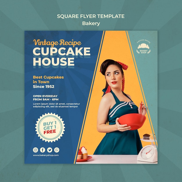 PSD square flyer template for vintage bakery shop with woman