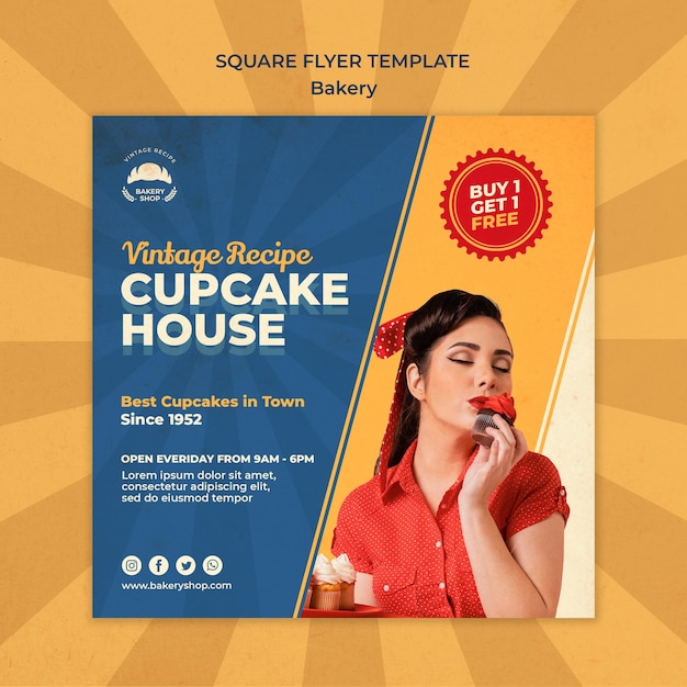 Square flyer template for vintage bakery shop with woman