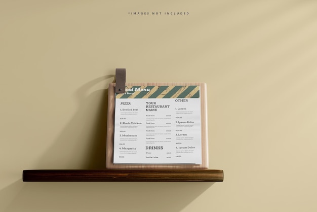 square food menu on a wooden board mockup on a shelf