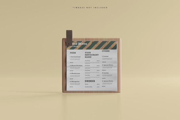 Square food menu on a wooden board mockup