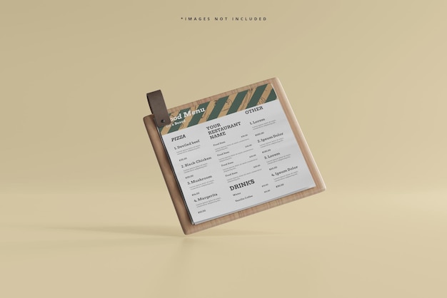 Square food menu on a wooden board mockup