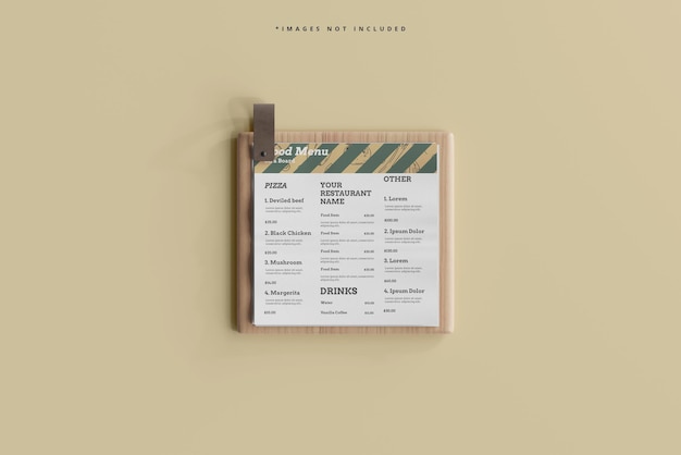 square food menu on a wooden board mockup