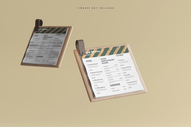 square food menus on a wooden board mockup