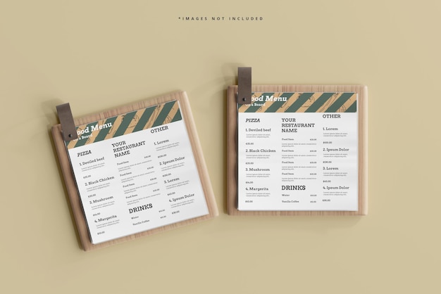 Square food menus on a wooden board mockup