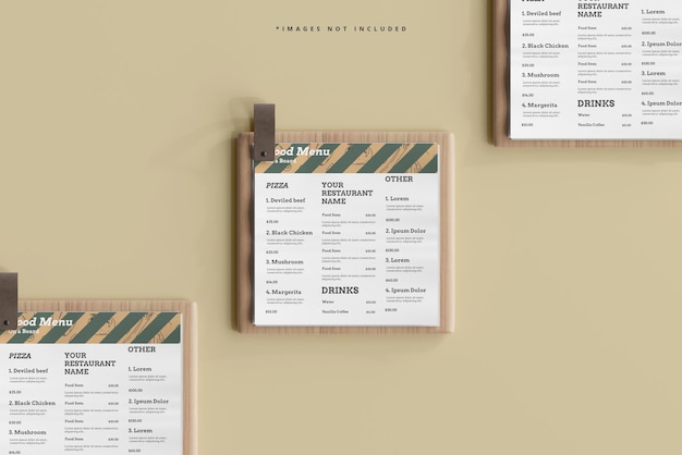 Square food menus on a wooden board mockup