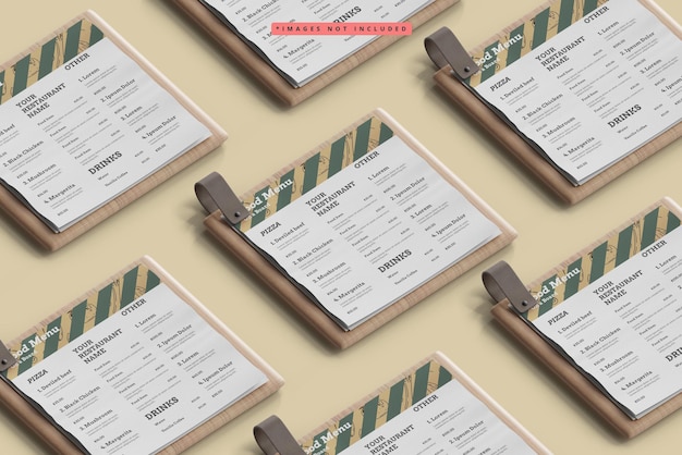 Square food menus on a wooden board pattern mockup