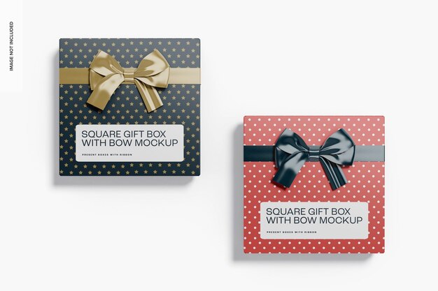 PSD square gift boxes with bow mockup, top view