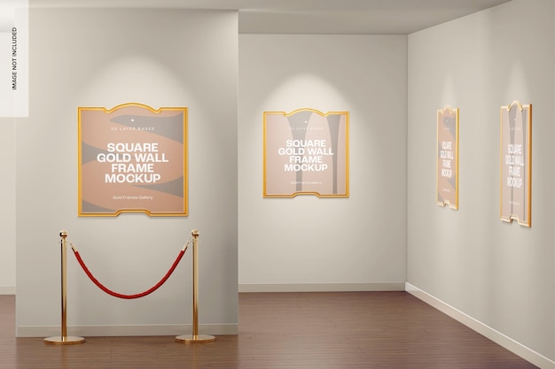 Square gold wall frames mockup, perspective 02