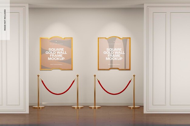 PSD square gold wall frames mockup, with lamps