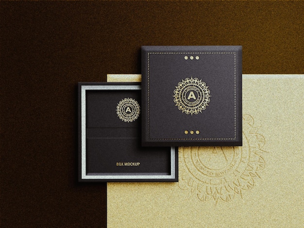 PSD square jewelry box on golden foil logo mockup