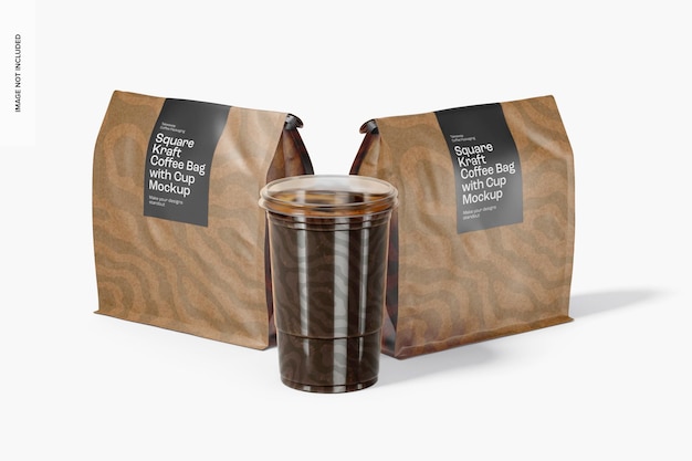 Square kraft coffee bags with cup mockup, side view