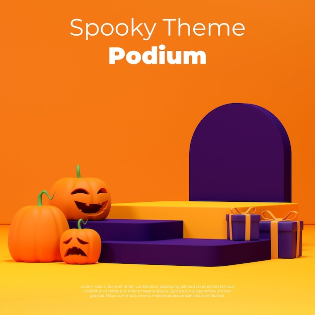 Square layout 3d rendering mockup halloween scene of purple and yellow podium with pumpkins