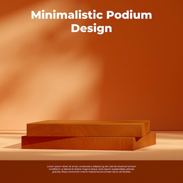 Square layout wood texture rectangle podium with brown wall and gobo light 3d rendering mockup