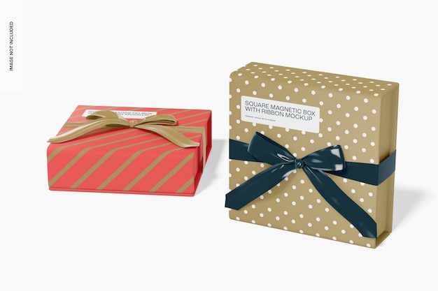 PSD square magnetic boxes with ribbon mockup, perspective