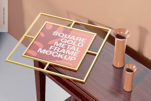 Square metal gold frame mockup, on table