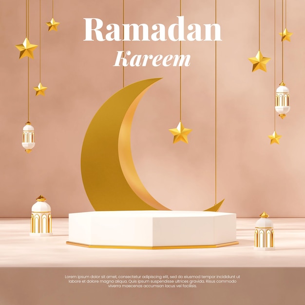 In square moon, stars, and lamp ramadan kareem, 3d render blank mockup white gold podium