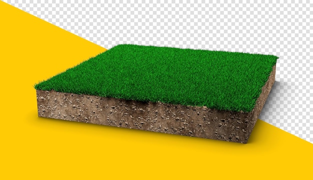 Square of green grass field over white background green grass and Rock ground texture cross section