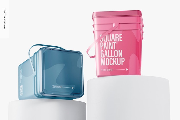 PSD square paint gallons mockup, standing and dropped