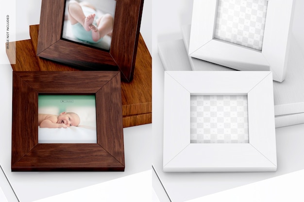 Square photo frames mockup, perspective