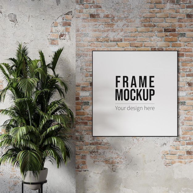 Square poster frame mockup on brick wall