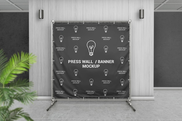 Square press wall banner in the interior mockup