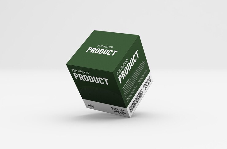 PSD square product box packaging mockup for brand advertising on a clean background