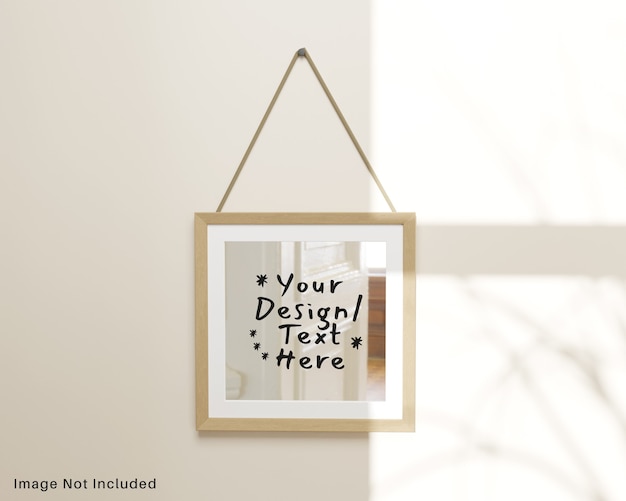 PSD square reflection mirror with wooden frame hanging on wall mockup