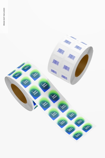 Rotoli di adesivi quadrati mockup, galleggianti