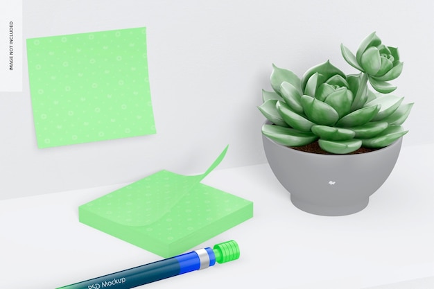 Square sticky notes mockup, on wall