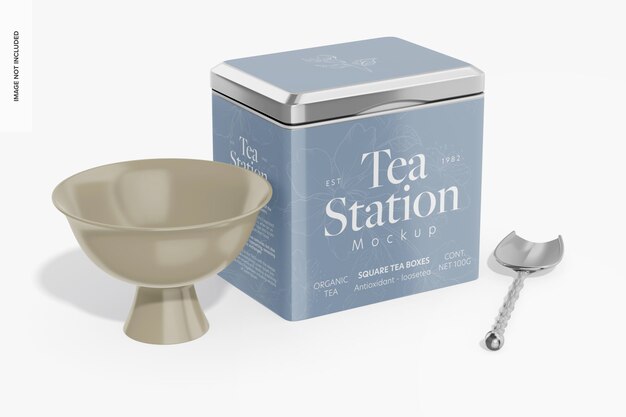 Square tea box with hinged lid mockup perspective