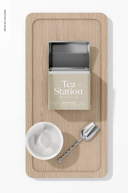 Square tea box with hinged lid mockup top view