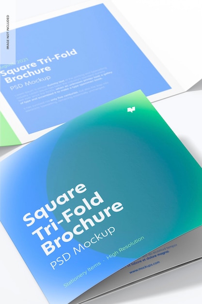 Square tri-fold brochures mockup, close up