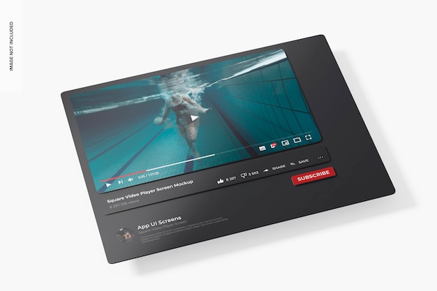 PSD square video player screen mockup, perspective