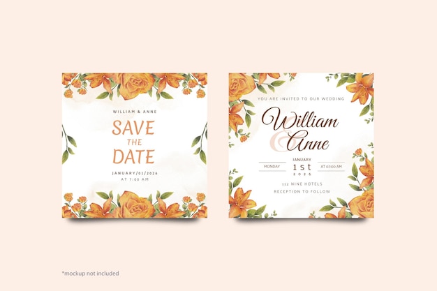 square wedding invitation template with orange watercolor flower arrangement