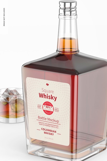 Mockup di bottiglia di whisky quadrata, primo piano