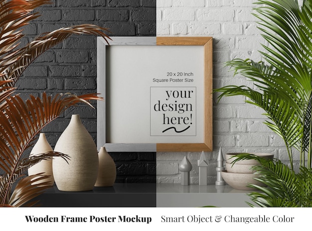 Square wooden frame canvas paper hanging poster mockup in brick interior and palms