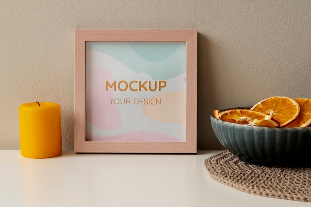 Square wooden frame mock-up with interior decorations