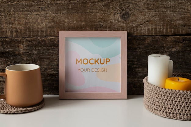 Square wooden frame mock-up with interior decorations