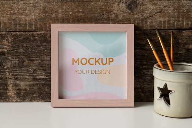 PSD square wooden frame mock-up with interior decorations