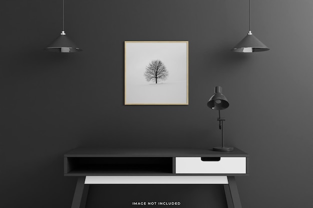 Square wooden poster or photo frame mockup with table in living room interior on empty black wall background. 3D rendering.