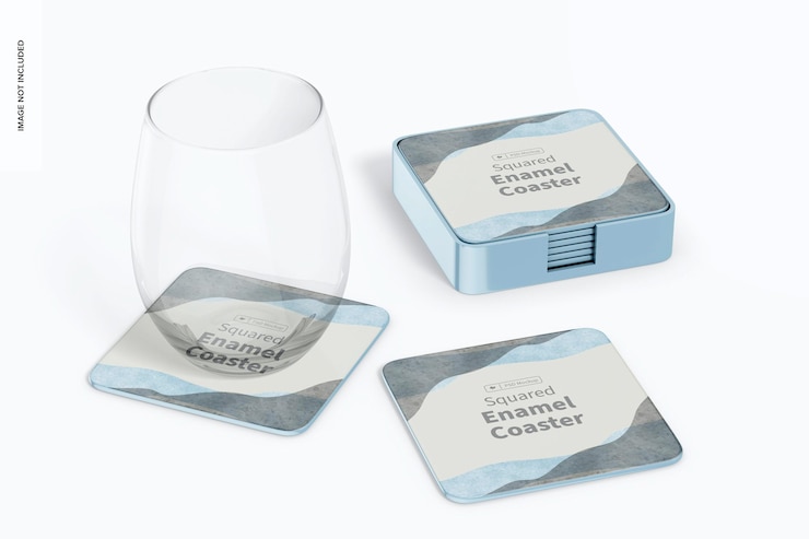 PSD squared enamel coasters with glass mockup