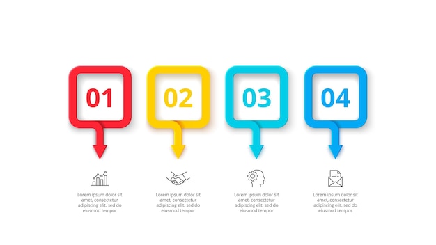 squares with arrows for infographic horizontal diagram with 4 options parts steps or processes