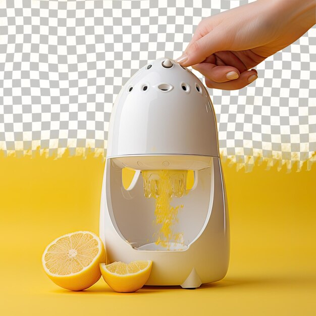 PSD squeezing a lemon in a transparent ceramic juicer on a yellow background