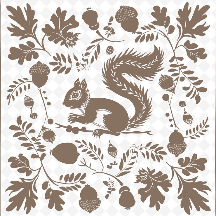 PSD squirrel line art with acorns and oak leaves for decorations creative outline scribble collections
